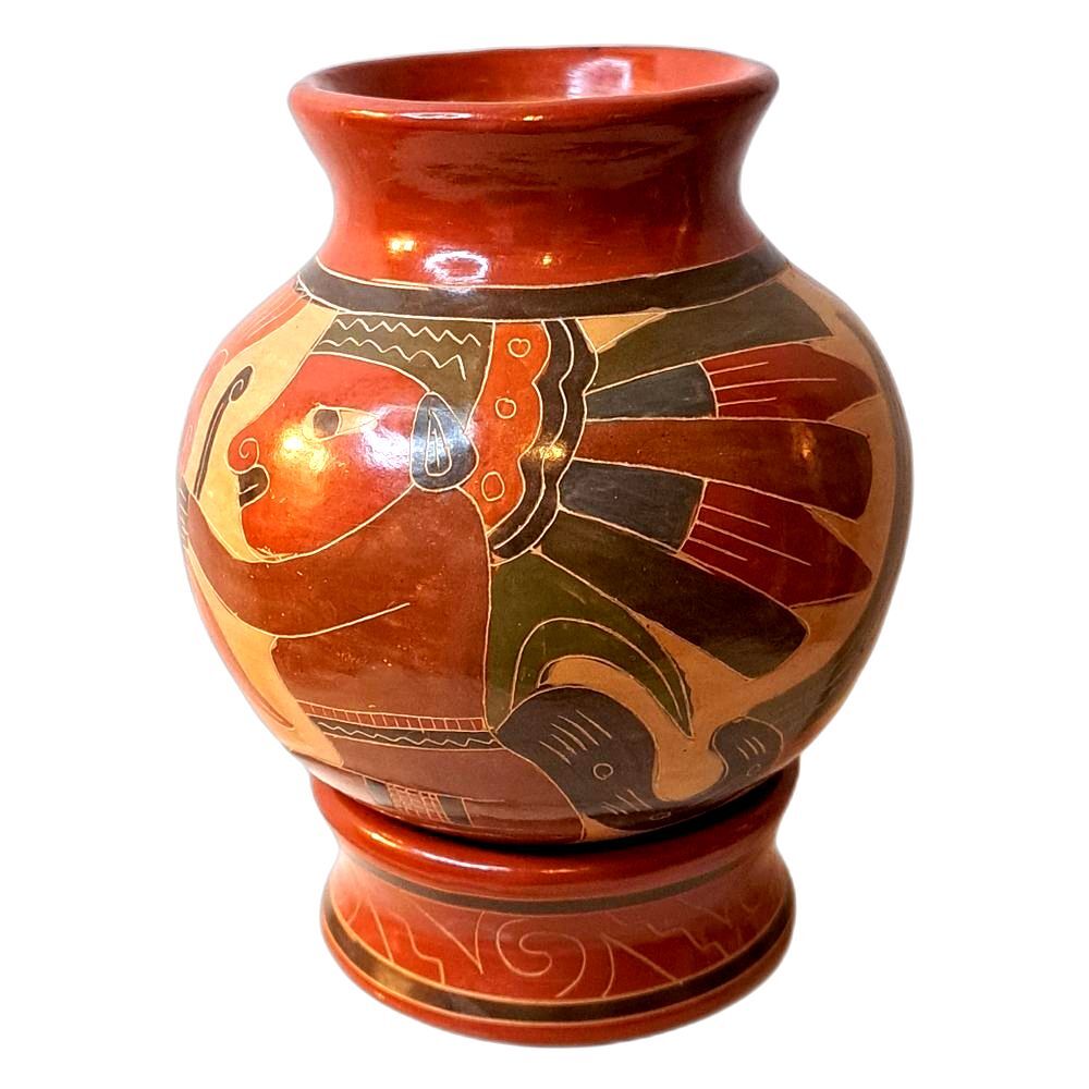 Nicaragua Pottery Handmade Ceramic Clay, Hand Etched and Painted Vase Vintage